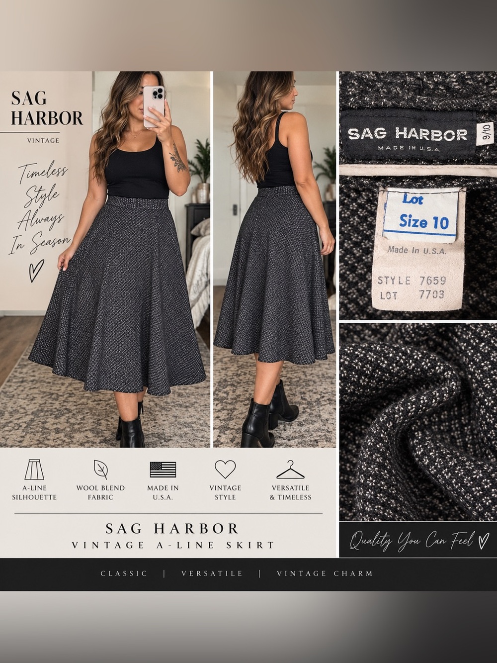 Womens Vintage Sag Harbor Black Patterned A-Line Skirt